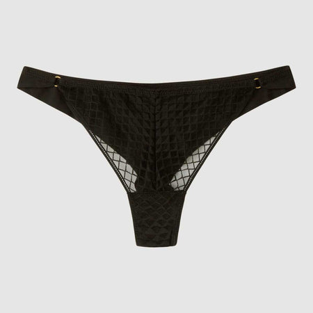 Brasiliana Gisela nera in tessuto elasticizzato con inserto semitrasparente sul davanti, linea elegante