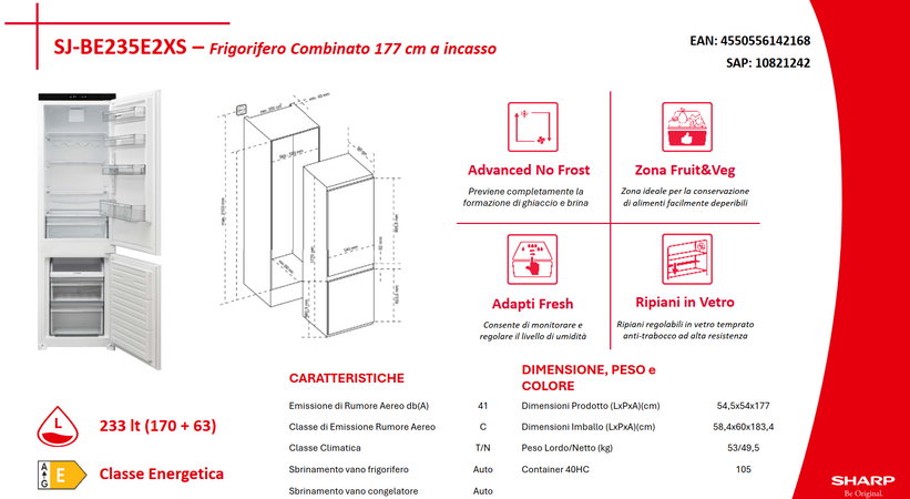 Sharp sj-be235e2xs frigorifero combinato h.177, total no-frost, 233 litri, classe e