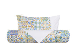 Set Copripiumino Federe Bifaccia Parure Copripiumino in Cotone Made in Italy MAIOLICHE SICILIANE / BIANCO