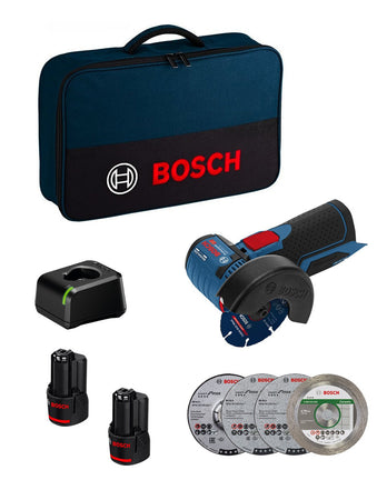 Smerigliatrice BOSCH GWS 12V-76 (2 x 2,0 Ah + GAL12V-20 + Dischi + Borsa)