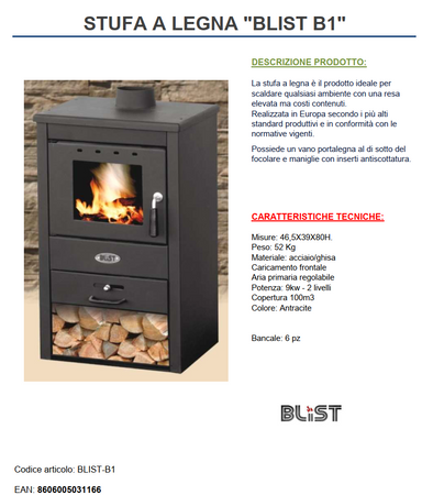 Stufa a legna con vano portalegna blist b1 potenza termica 9 kw 100 m3 colore antracite
