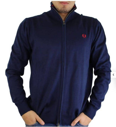 Fred Perry Cardigan Uomo Maglione in Cotone Blu con Zip Polsi a Costine Collo Alto Maniche Lunghe Autunno/Inverno Blu Rosso