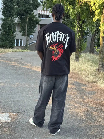 T-shirt boxy fit shirt nera 100% cotone Gotic Flame Horda Brand Streetwear