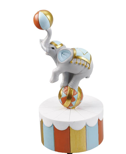 Carillon elefantino giocoliere Boy Special Gifts RB1070S/B, altezza 17,5 cm, diametro 8,5 cm, completo di scatola regalo, bomboniera nascita o battesimo.