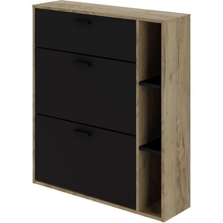 Scarpiera a 2 ante LEONA - Melamina nera e profilo rovere rustico - da 8 a 10 paia - L90 x P25 x H102 cm