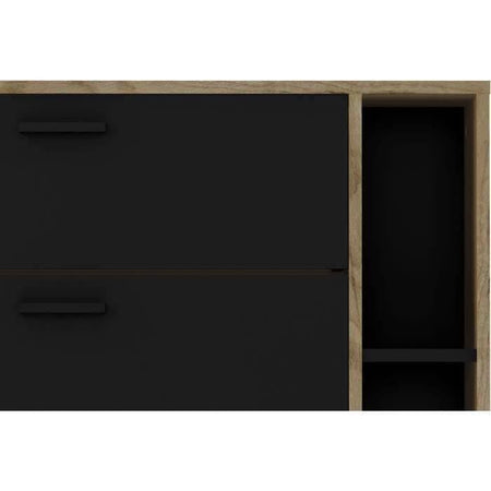 Scarpiera a 2 ante LEONA - Melamina nera e profilo rovere rustico - da 8 a 10 paia - L90 x P25 x H102 cm
