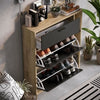Scarpiera a 2 ante LEONA - Melamina nera e profilo rovere rustico - da 8 a 10 paia - L90 x P25 x H102 cm