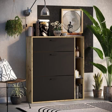 Scarpiera a 2 ante LEONA - Melamina nera e profilo rovere rustico - da 8 a 10 paia - L90 x P25 x H102 cm