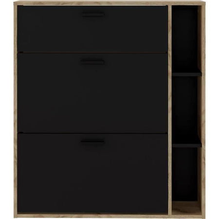 Scarpiera a 2 ante LEONA - Melamina nera e profilo rovere rustico - da 8 a 10 paia - L90 x P25 x H102 cm