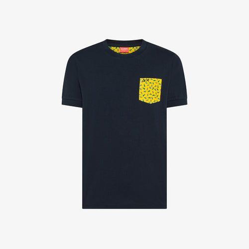 T-shirt uomo Sun68 blu navy con taschino grafico giallo in cotone