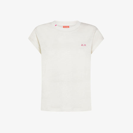 T-shirt donna Sun68 bianco panna in jersey di lino con ricamo fluo