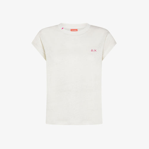 T-shirt donna Sun68 bianco panna in jersey di lino con ricamo fluo