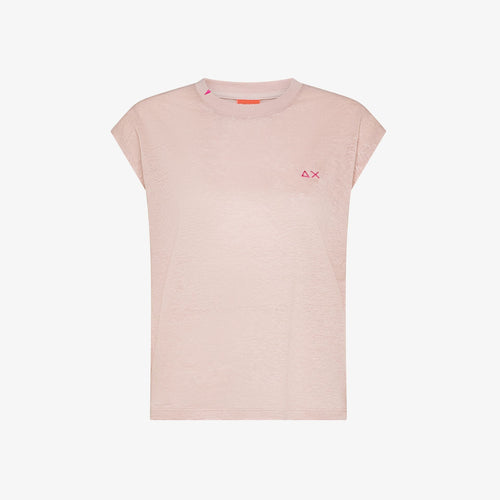 T-shirt donna Sun68 rosa porcellana in jersey di lino con ricamo fluo