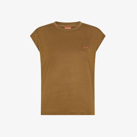 T-shirt donna Sun68 marrone volpe in jersey di lino con ricamo fluo