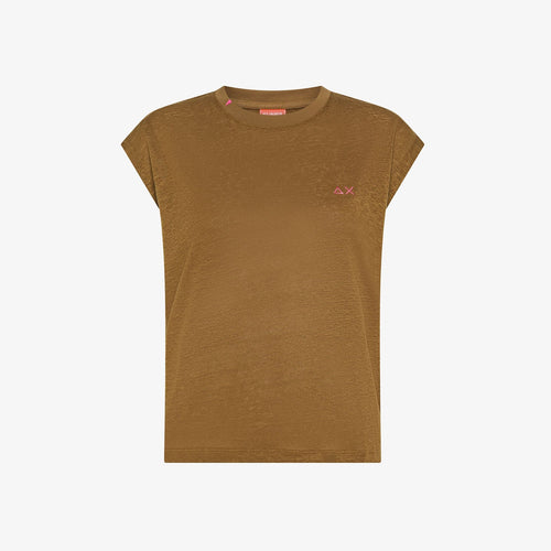 T-shirt donna Sun68 marrone volpe in jersey di lino con ricamo fluo