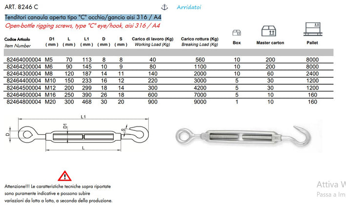 Tenditore Occhio/Gancio T.C-M6-A4 Inox