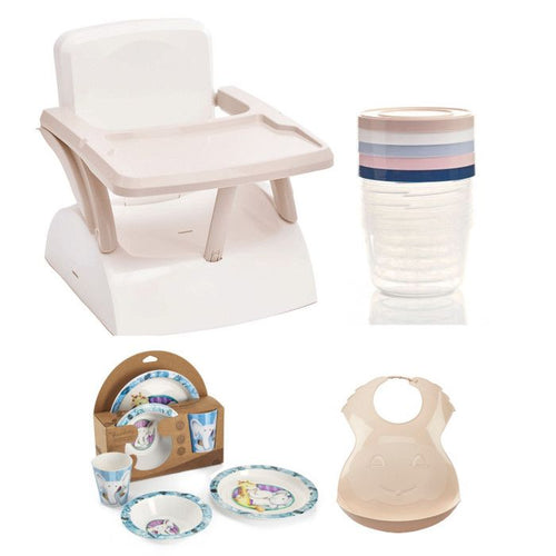 Booster della sedia per bambini + scatole di conservazione + scatola piatto a microonde + bavaglini semi-rigidi