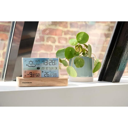 Sveglia stazione meteorologica - THOMSON - Legno chiaro - Visualizzazione della temperatura, Igrometria, Doppio allarme, USB-C, Sonda wireless