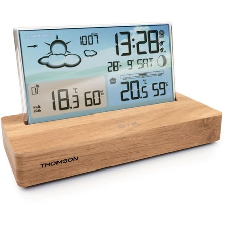 Sveglia stazione meteorologica - THOMSON - Legno chiaro - Visualizzazione della temperatura, Igrometria, Doppio allarme, USB-C, Sonda wireless