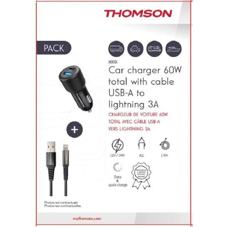 Pacchetto caricabatterie + cavo - THOMSON - Caricabatterie per auto da 60 W - Cavo USB-A a L 3A
