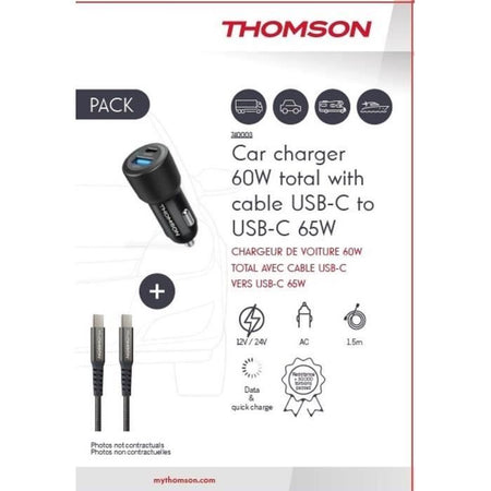 Pacchetto caricabatterie + cavo - THOMSON - Caricabatterie per auto 60 W - Cavo C-C 65 W - 1,5 m