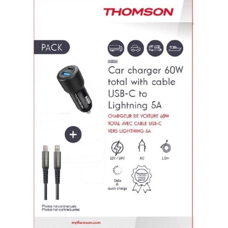 Kit caricabatterie + cavo - THOMSON - Caricabatterie per auto 60 W - Cavo C a L 5 A - Lunghezza 1,5 m
