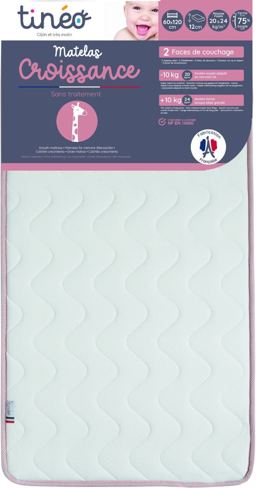 Materasso TINEO CROISSANCE - Scalabile - 2 lati di supporto: Rigido e Morbido - 60x120x12 cm