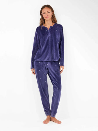 Pigiama Donna Gisela 2/20316S – Set in Pile Elasticizzato con Pois Dorati/Argentati