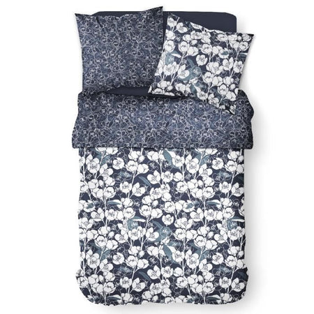 Set biancheria da letto Mawira - 2 persone - 260 x 240 cm - 100% cotone - Blu navy Motivo floreale - OGGI