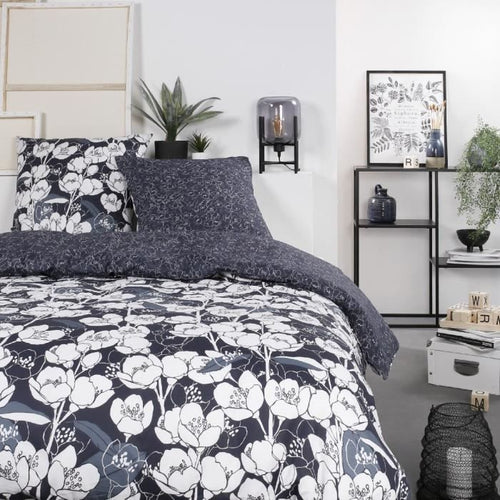 Set biancheria da letto Mawira - 2 persone - 260 x 240 cm - 100% cotone - Blu navy Motivo floreale - OGGI