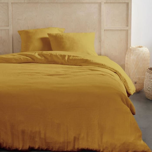 Completo letto - TODAY - 123669 - 2 persone - 260x240 cm - Garza di cotone tinta unita - Ocra