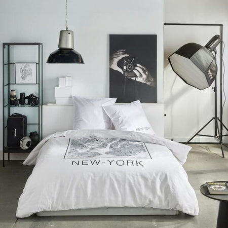 Completo letto - TODAY - JAVA - 2 persone - 240x220 cm - Cotone - Stampa New York - Bianco