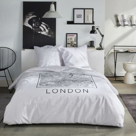 Completo letto - TODAY - JAVA - 2 persone - 240x220 cm - Cotone - Stampa Londra - Bianco