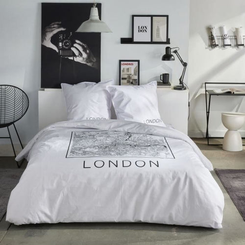 Completo letto - TODAY - JAVA - 2 persone - 240x220 cm - Cotone - Stampa Londra - Bianco