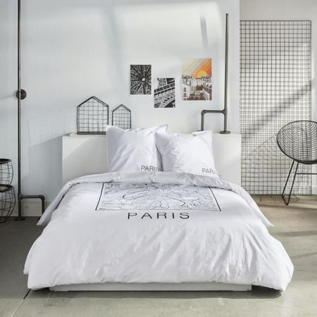 Completo letto - TODAY - JAVA - 2 persone - 240x220 cm - Cotone - Stampa Parigi - Bianco