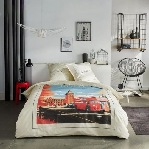 Completo letto - TODAY - JAVA - 2 persone - 240x220 cm - Cotone - Stampa Londra - Bianco sporco