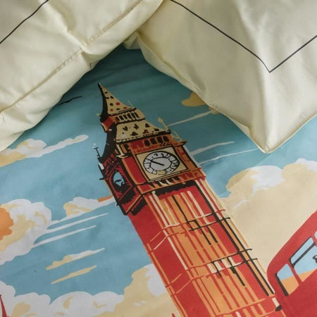 Completo letto - TODAY - JAVA - 2 persone - 240x220 cm - Cotone - Stampa Londra - Bianco sporco