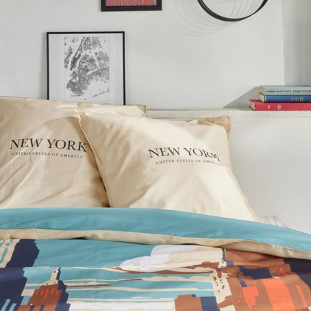 Completo letto - TODAY - JAVA - 2 persone - 240x220 cm - Cotone - Stampa New York - Beige