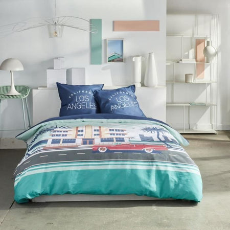 Completo letto - TODAY - JAVA - 2 persone - 240x220 cm - Cotone - Stampa Los Angeles - Blu