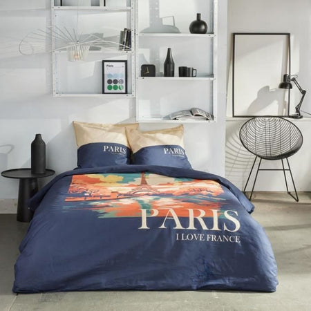 Completo letto - TODAY - JAVA - 2 persone - 240x220 cm - Cotone - Stampa Parigi - Blu