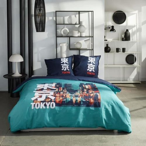 Completo letto - TODAY - JAVA - 2 persone - 240x220 cm - Cotone - Stampa Tokyo - Turchese