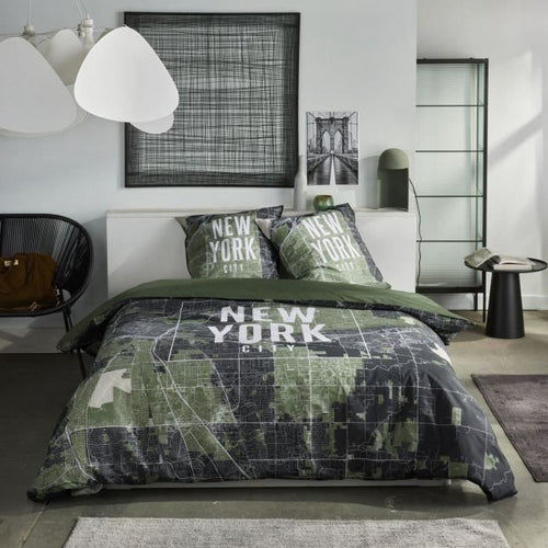 Completo letto - TODAY - JAVA - 2 persone - 240x220 cm - Cotone - Stampa New York - Verde