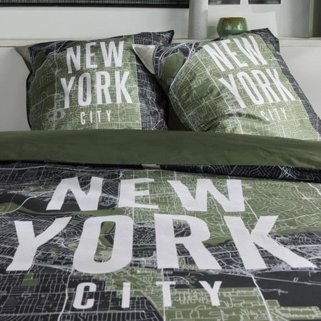 Completo letto - TODAY - JAVA - 2 persone - 240x220 cm - Cotone - Stampa New York - Verde