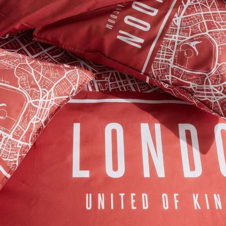 Completo letto - TODAY - JAVA - 2 persone - 240x220 cm - Cotone - Stampa Londra - Rosso