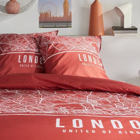 Completo letto - TODAY - JAVA - 2 persone - 240x220 cm - Cotone - Stampa Londra - Rosso