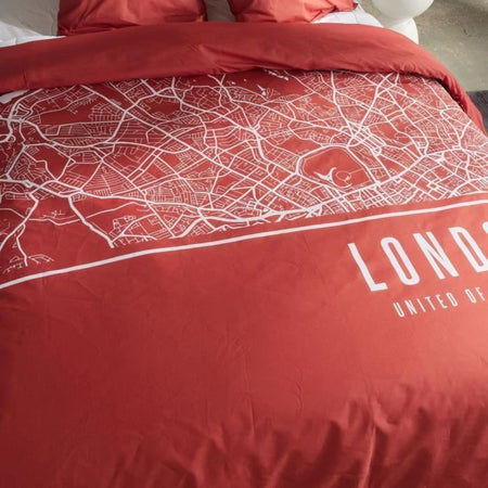 Completo letto - TODAY - JAVA - 2 persone - 240x220 cm - Cotone - Stampa Londra - Rosso