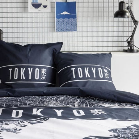 Completo letto - TODAY - JAVA - 2 persone - 240x220 cm - Cotone - Stampa Tokyo - Blu scuro