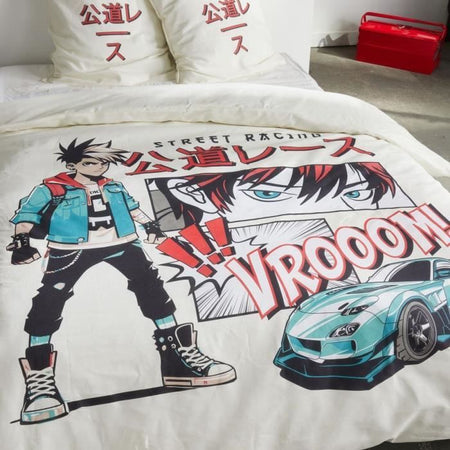 Completo letto - TODAY - JAVA - 2 persone - 240x220 cm - Cotone - Stampa Street racing - Bianco