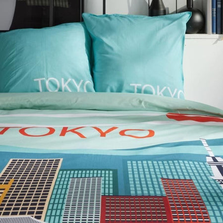 Completo letto - TODAY - JAVA - 2 persone - 240x220 cm - Cotone - Stampa Tokyo - Blu