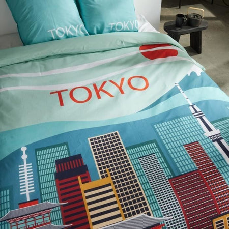 Completo letto - TODAY - JAVA - 2 persone - 240x220 cm - Cotone - Stampa Tokyo - Blu